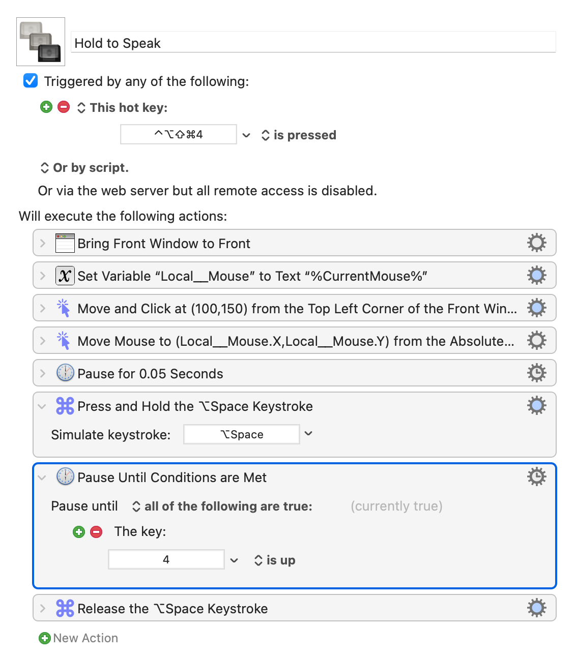 Keyboard Maestro macro for hold-to-speak